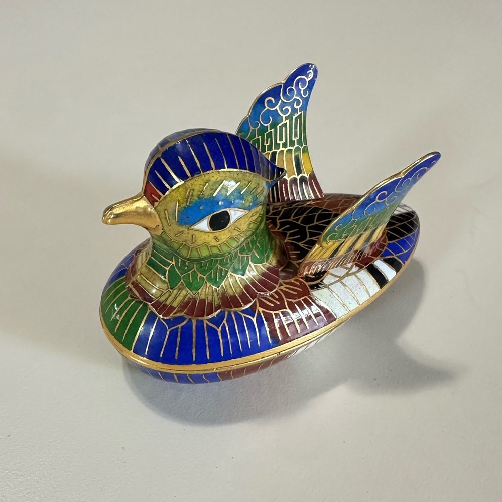 Cloisonné' Enamel Brass Duck Figure Trinket Box Vintage Excellent - Picture 1 of 6